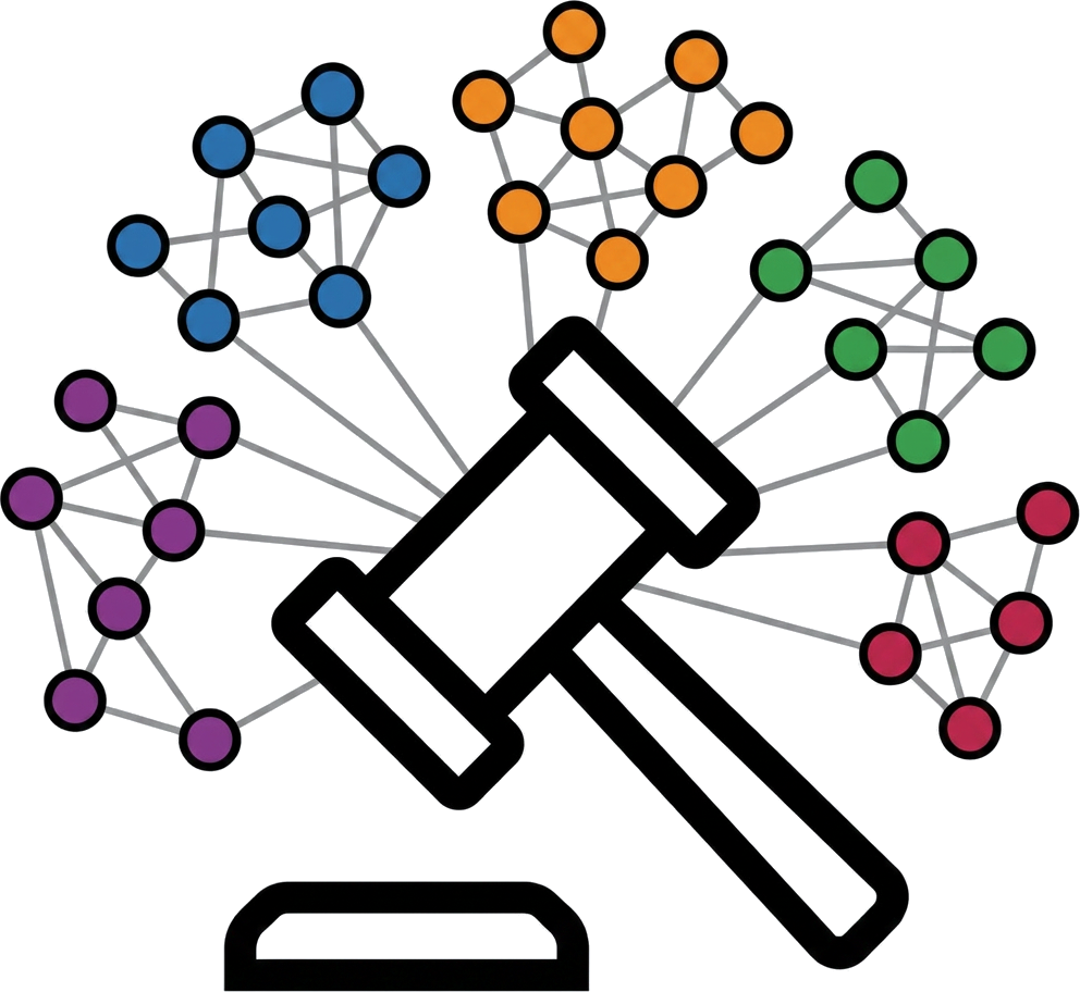 CwA logo: an auction gavel fanned by colored cluster graphs